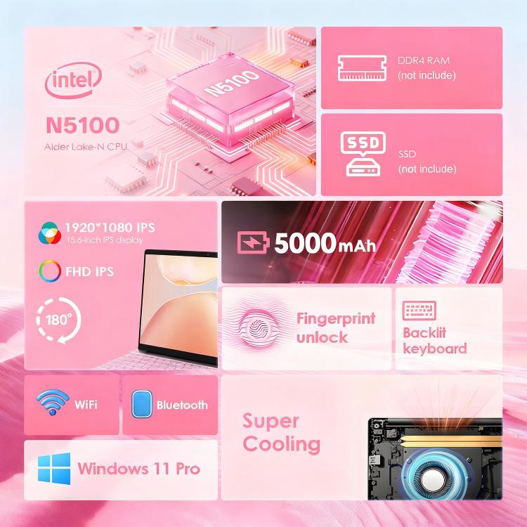 GXMO T152J 15,6 Zoll Laptop, ohne Speicher, Windows 11 Pro Intel Celeron N5100 Quad Core, unterstützt Fingerabdruck-Entsperrung, UK-Stecker, ohne Speicher, UK-Stecker