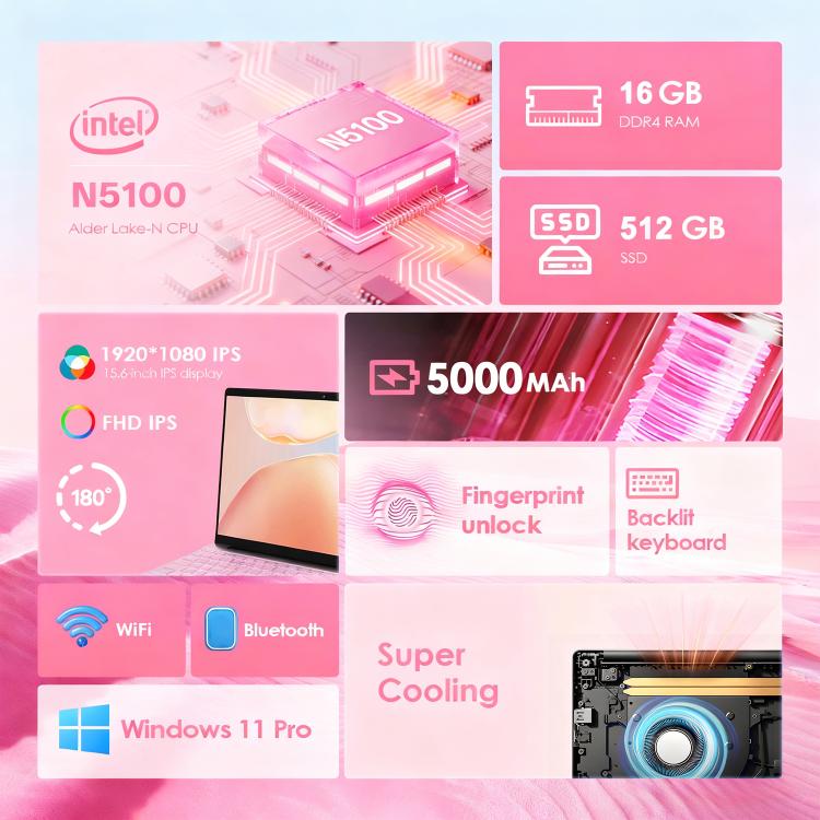 GXMO T152J 15,6 Zoll Laptop, 16GB+512GB, Windows 11 Pro Intel Celeron N5100 Quad-Core, unterstützt Fingerabdruck-Entsperrung, US-Stecker, 16GB+512GB, US-Stecker