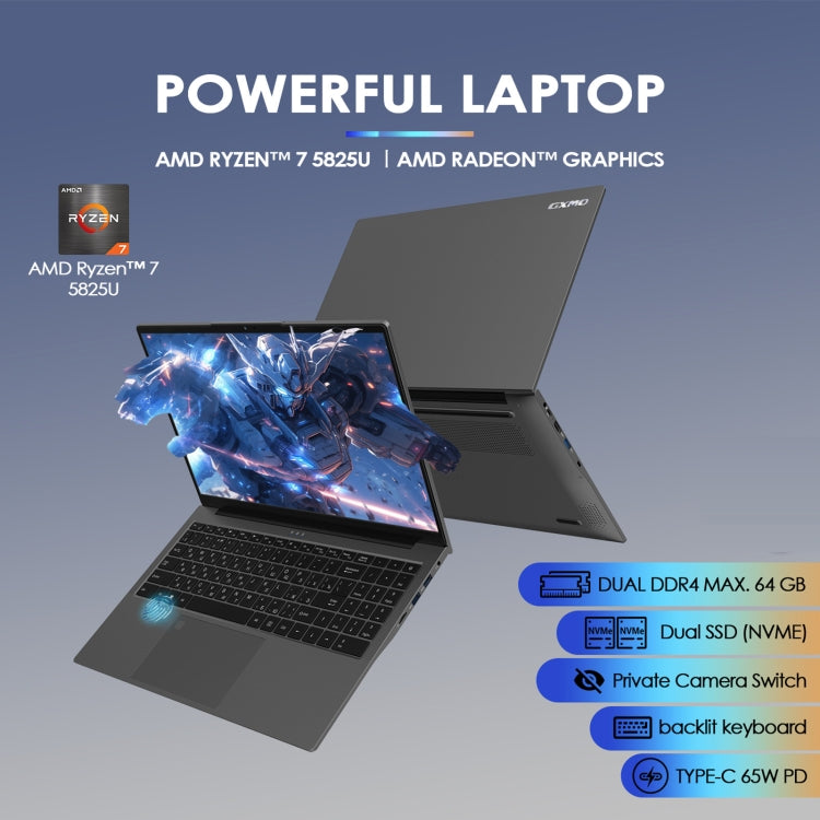 GXMO G156 15,6 Zoll Laptop, 16GB+512GB, Windows 11 AMD Ryzen 7 5825U Octa Core, unterstützt Fingerabdruck-Entsperrung, US-Stecker, 32GB+1TB