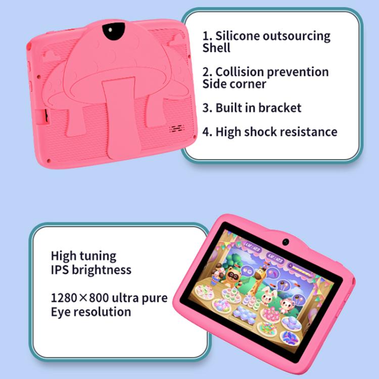 BDF 7-Zoll-WiFi-Kinder-Tablet-PC mit Pilz-Silikonhülle, 2 GB+32 GB, Android 8.1 MTK6735 Quad-Core-CPU, US-Stecker, 4 GB+64 GB