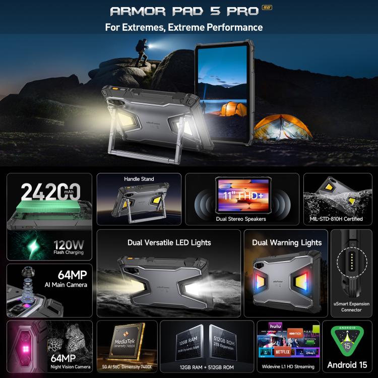 Ulefone Armor Pad 5 Pro Outdoor-Tablet-PC, 12 GB + 512 GB, 11 Zoll Android 15 MediaTek Dimensity 7400X Octa-Core 5G-Netzwerk, EU-Stecker, Armor Pad 5 Pro