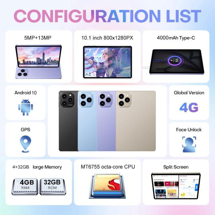 Pad 8 Pro 10,1 Zoll 4G LTE Tablet PC Combo Set, 4GB+32GB, Android 10 MT6755 Octa Core, mit Tastatur / Maus / Lederhülle, EU Stecker