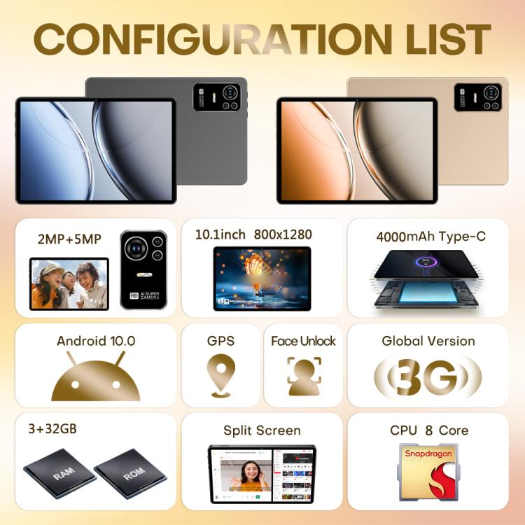 Pad 8 Ultra 10,1 Zoll 3G Telefonanruf Tablet PC, 3GB+32GB, Android 10 MTK6755 Octa Core, EU Stecker