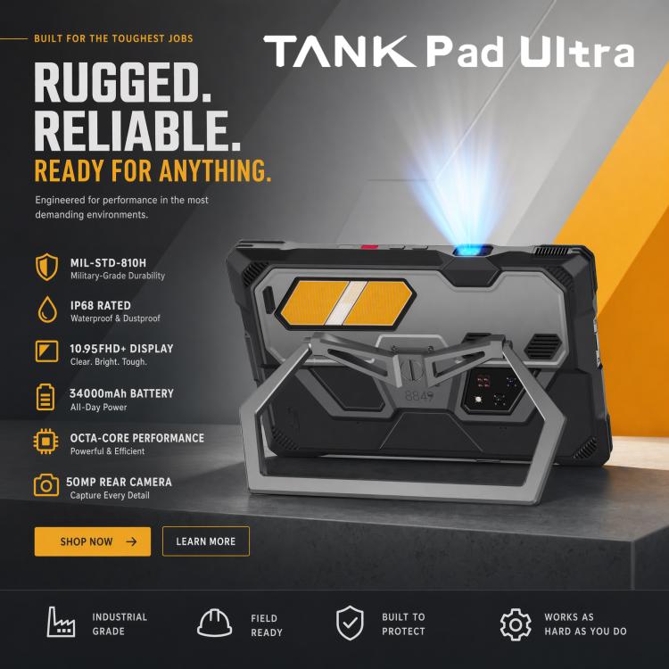 Unihertz 8849 Tank Pad Ultra Rugged Tablet PC & Projector, 16GB+512GB, 10.95 inch Android 15 Dimensity 8200 Octa Core 5G Network, EU Plug, Tank Pad Ultra