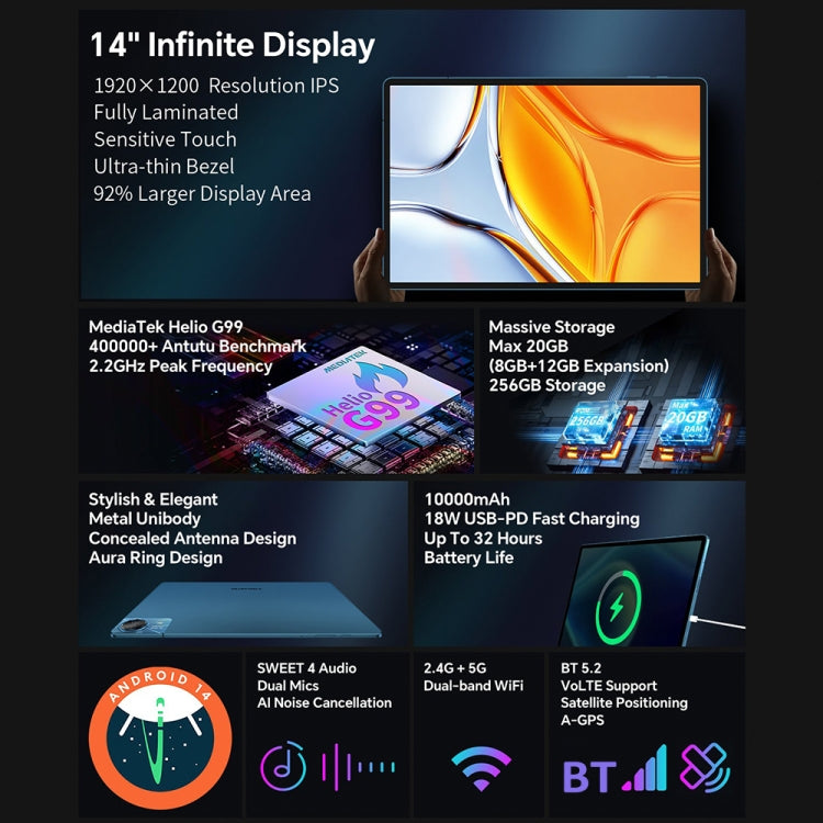 Teclast T70 4G LTE Tablet PC, 8GB+256GB, 14 Zoll Android 14 MediaTek Helio G99 Octa-Core, Dual-SIM-Unterstützung, T70