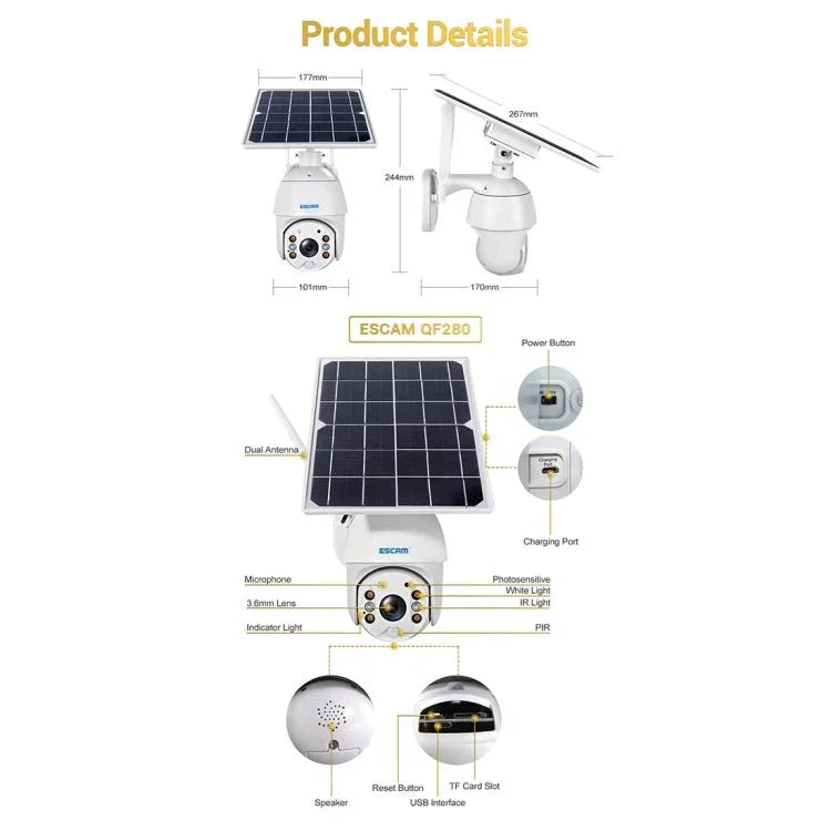 ESCAM QF280 HD 1080P IP66 Waterproof WiFi Solar Panel PT IP Camera without Battery, Support Night Vision / Motion Detection / TF Card / Two Way Audio - Trustpick
