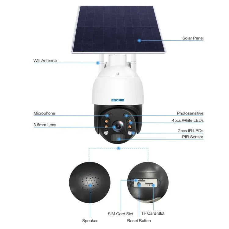 ESCAM QF724 3MP 24h Recording Cloud Storage PT 4G PIR Alarm IP Camera with Solar Panel - Trustpick
