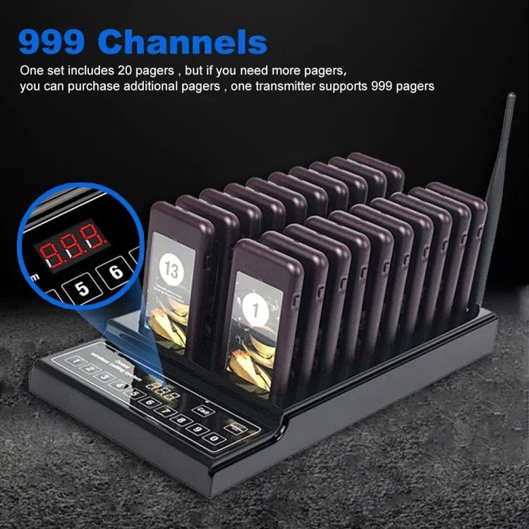 QC100 999 Channel Restaurant Wireless Paging Queuing Calling System with 20 Call Coaster Pagers, EU Plug - Trustpick
